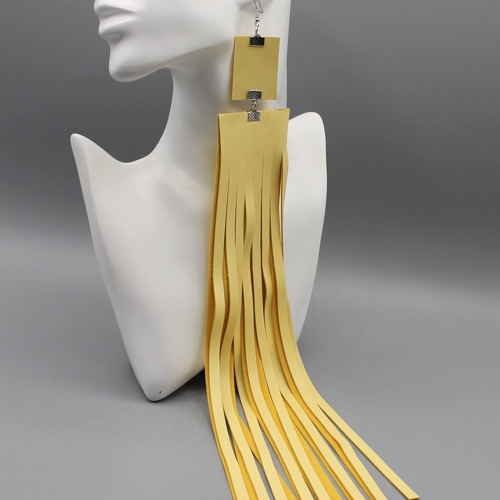 Jewelry earrings extra long tassel leather yellow fashion brand new